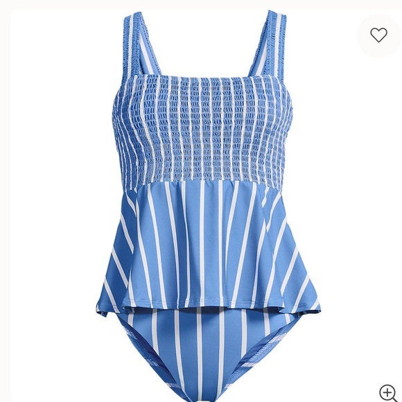 Lands' End Smocked Tankini Top and High Waisted Blue and White Striped 2 piece - Picture 2 of 7